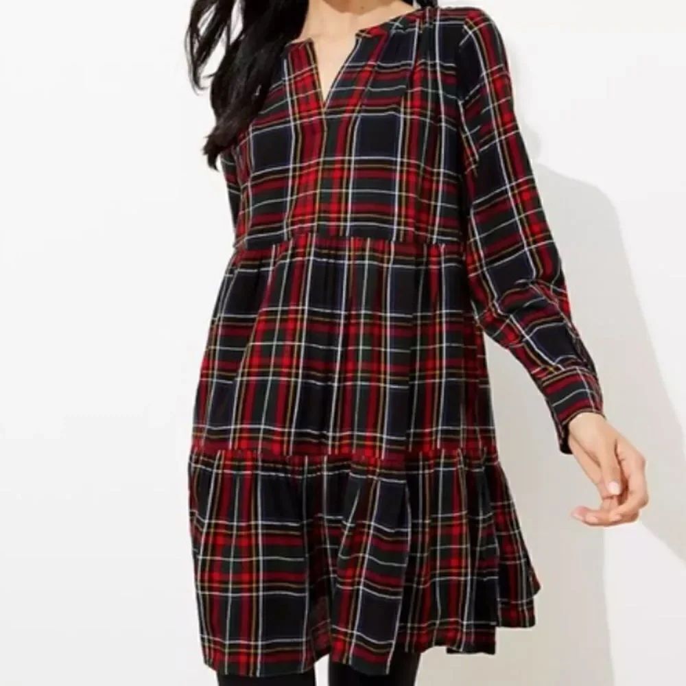Loft Petites Tiered Plaid Swing Dress in Size in Size XXSP